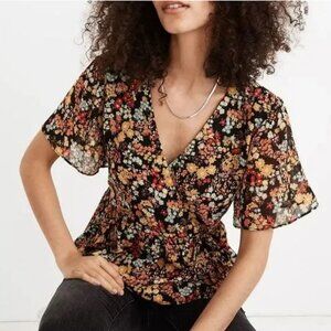 Madewell Short-Sleeve Peplum Wrap Surplice V-neck Summer Top in Flower Garden